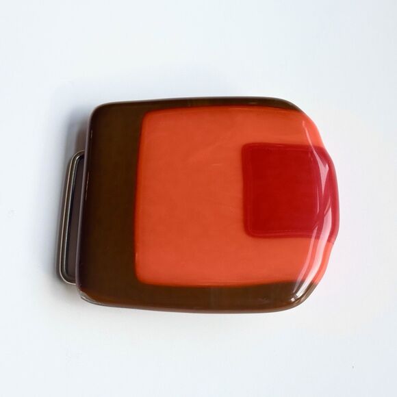 VTG Fused Art Glass Belt Buckle Abstract Brown Orange Colorblock Mod Retro Indie - Picture 2 of 8